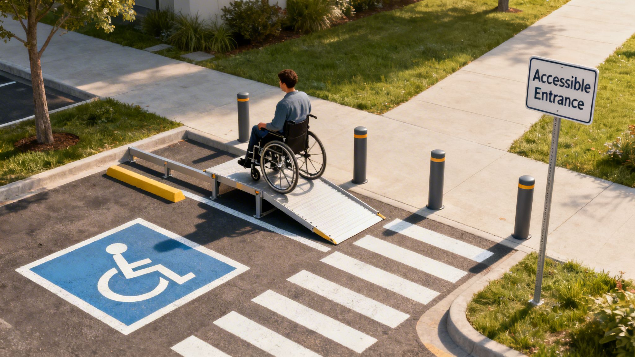 An aerial view shows a man in a wheelchair on a ramp for an accessible parking spot.
