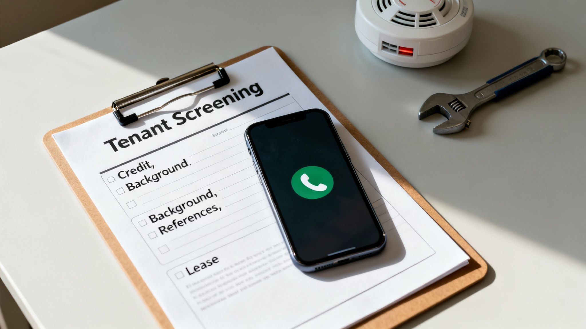 A tenant screening document, smartphone with a call icon, smoke detector, and wrench on a desk.