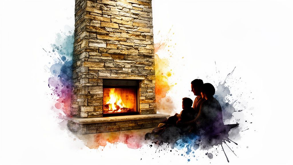 A cozy family silhouette sits by a warm, crackling fireplace with colorful watercolor splashes.