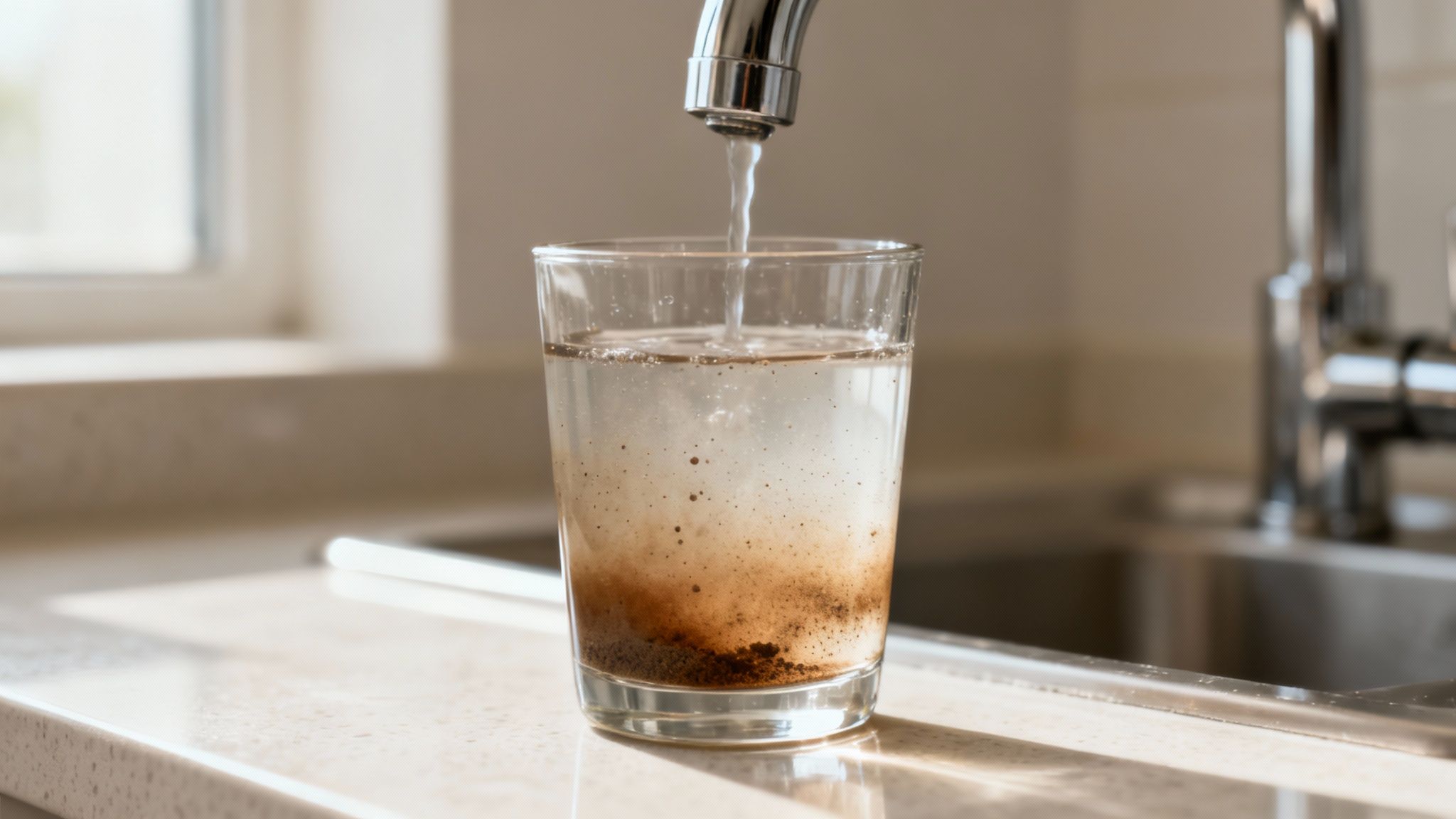 Close-up of cloudy, discolored water pouring from a kitchen faucet.