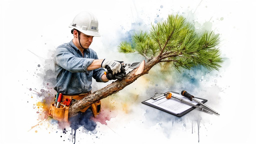 Skilled arborist in hard hat and gloves meticulously prunes a tree branch with hand pruners.