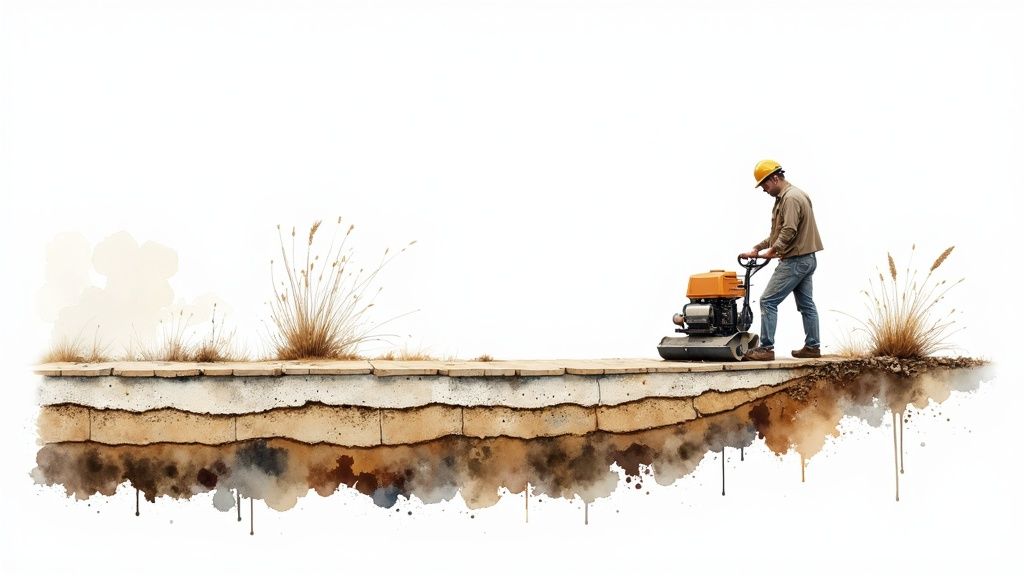 A worker in a hard hat compacts soil with a plate compactor for a layered hardscape foundation.