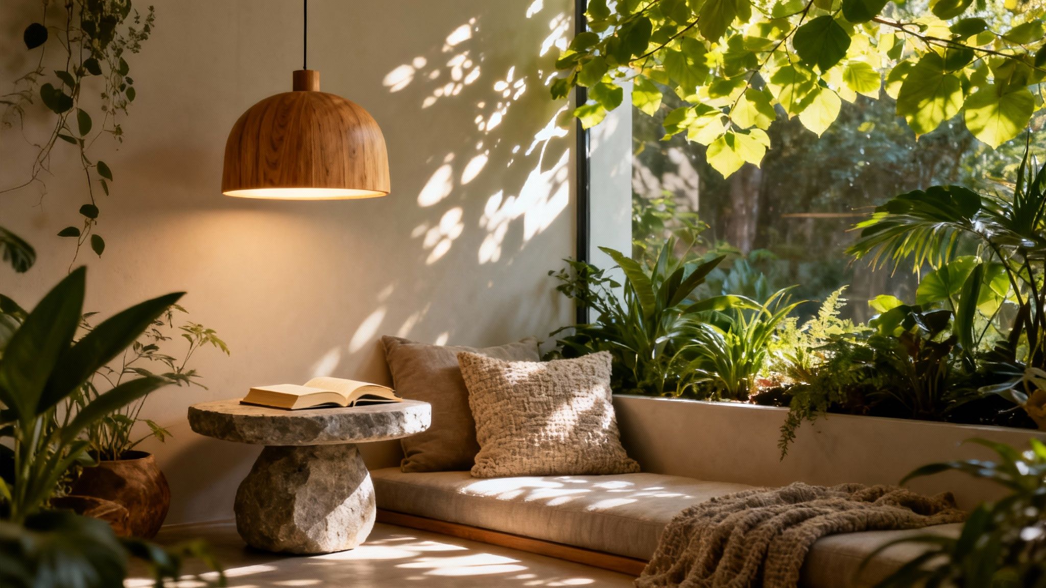 A serene indoor reading nook with a wooden pendant light, stone table, and abundant plants by a window.