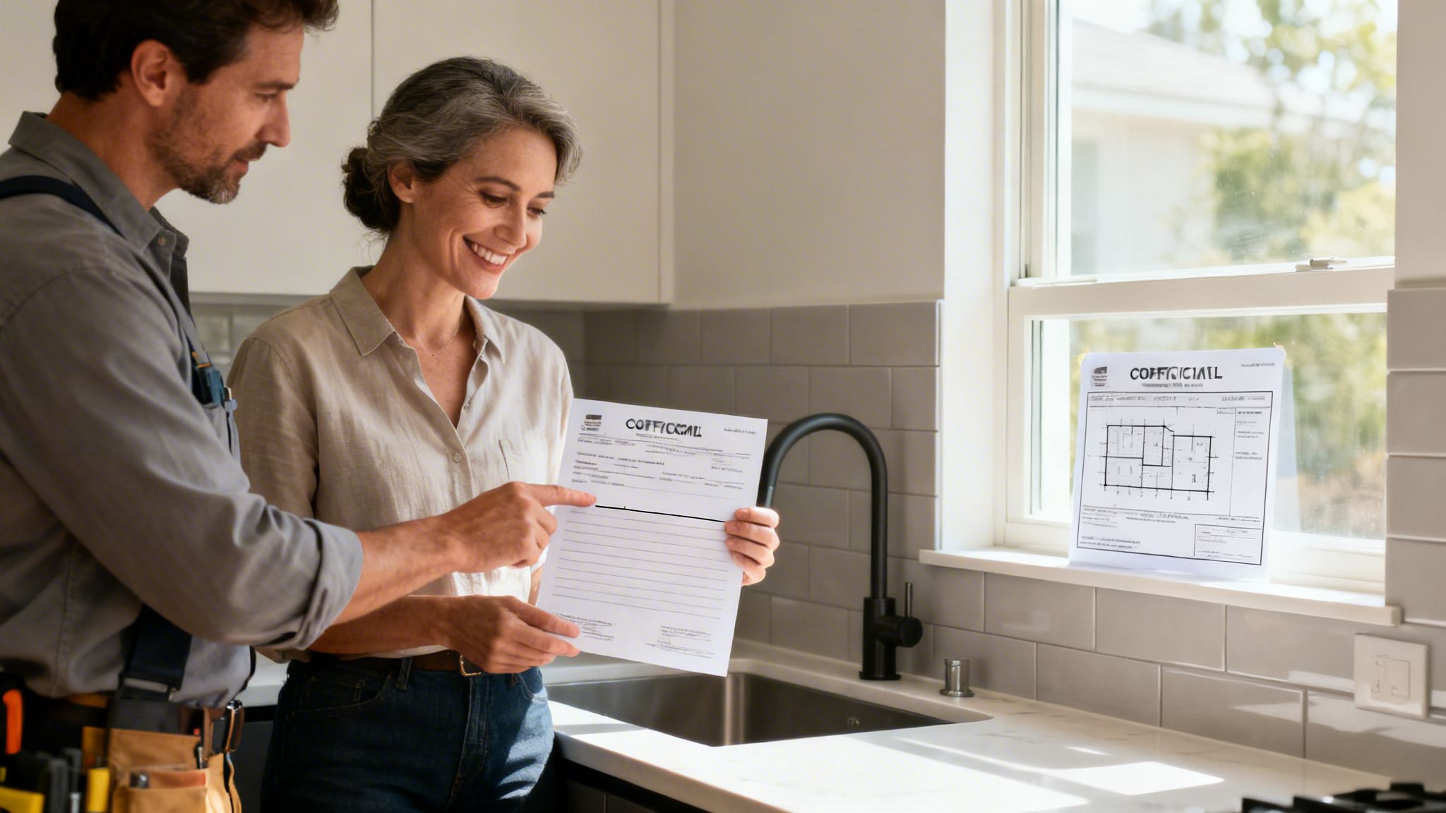 A contractor and homeowner discuss kitchen remodel plans, pointing at documents in a bright kitchen.