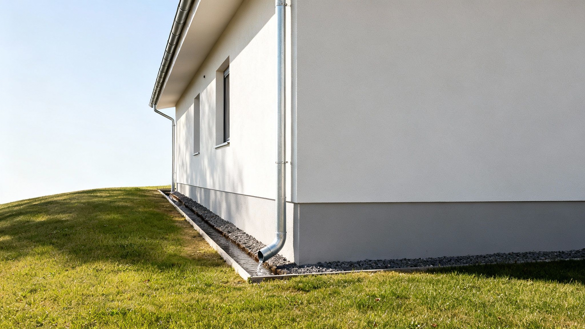 Rainwater flows from a metallic downspout into a gravel trench along a modern house.