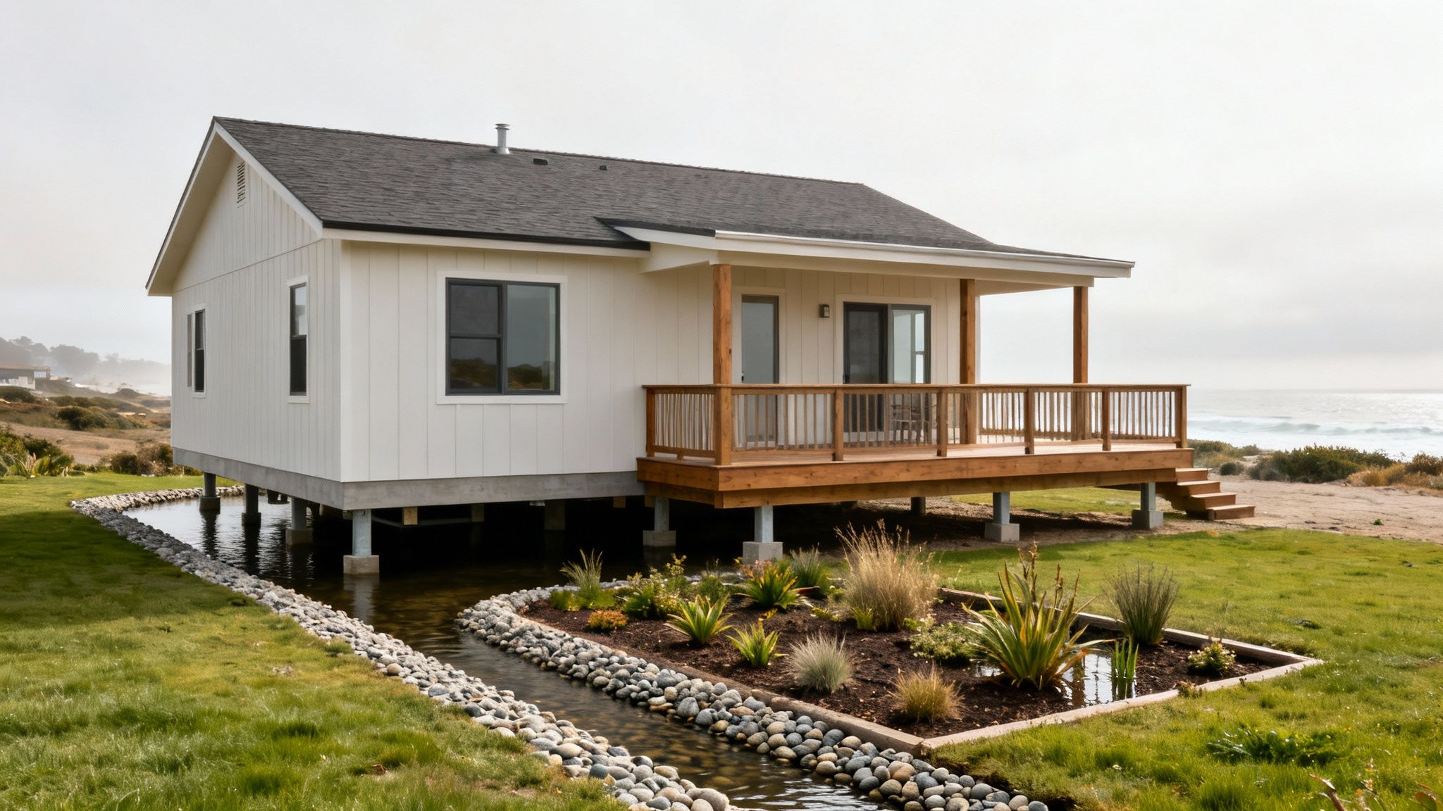 Modern white coastal home on stilts with a wooden deck overlooking the ocean and a garden stream.