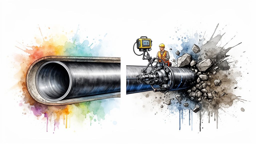 Illustration of trenchless pipe repair methods: a lined pipe and a worker operating a pipe drilling machine.