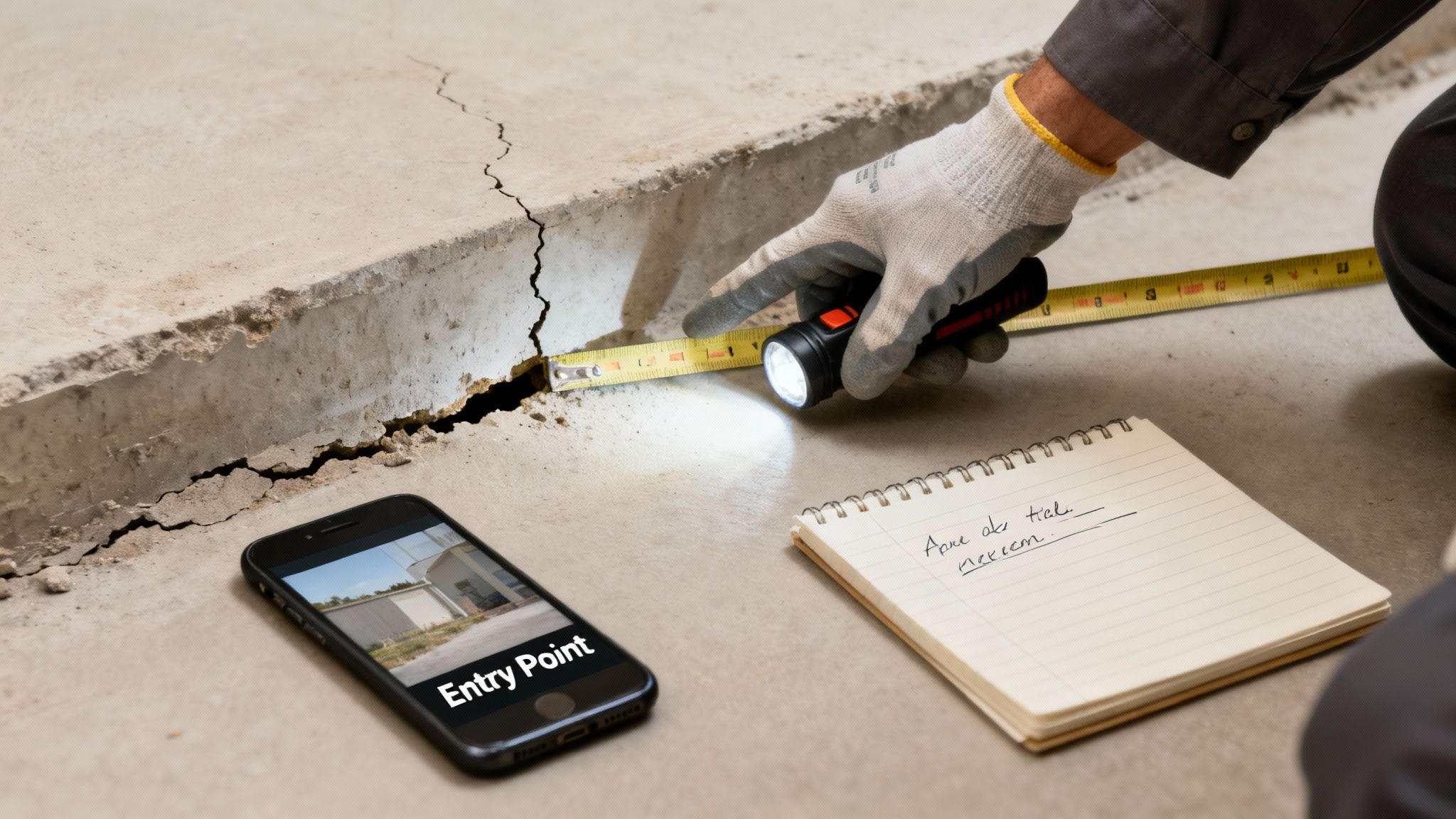 Inspector examining a concrete floor crack with a flashlight and measuring tape, next to a smartphone and notebook.