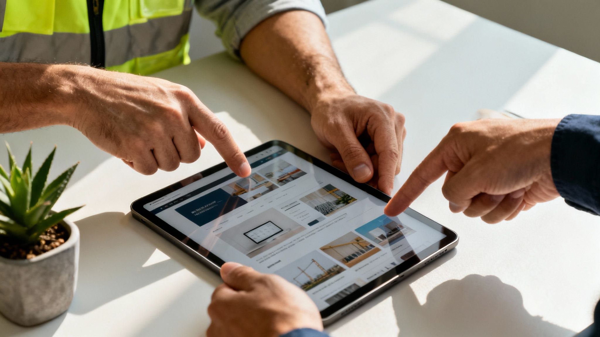 Two men, one a contractor, collaborate on a construction website displayed on a digital tablet.