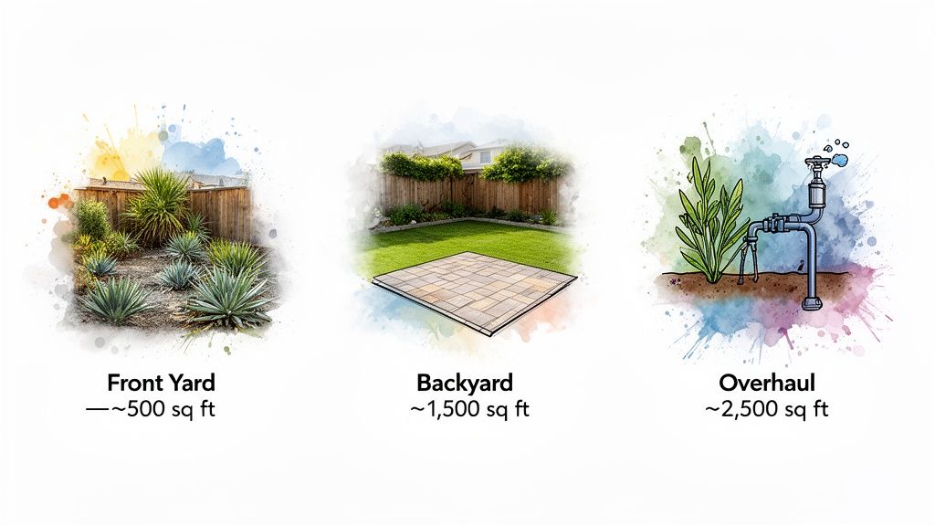 Three watercolor illustrations show different landscape options: front yard, backyard, and irrigation overhaul.