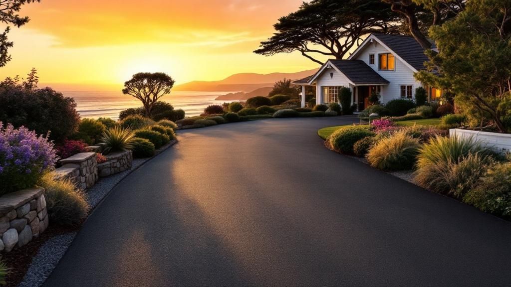 Asphalt paving crew working on a road in a coastal area, with heavy machinery and professional equipment.