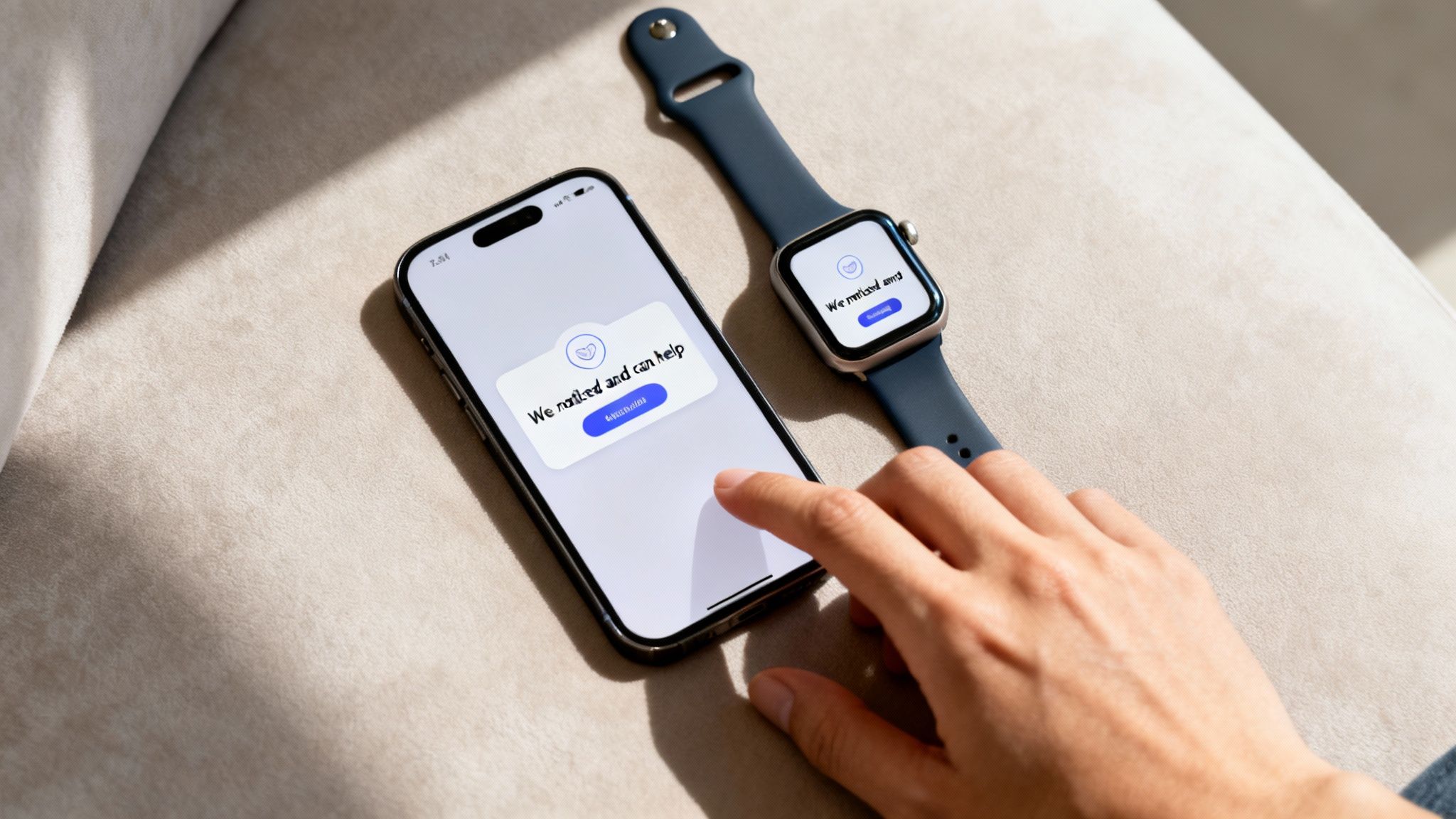 A hand interacting with a smartphone and smartwatch, both showing a helpful notification on a couch.
