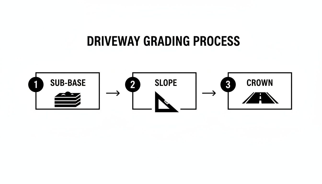 A diagram illustrating the driveway grading process, showing sub-base, slope, and crown steps.