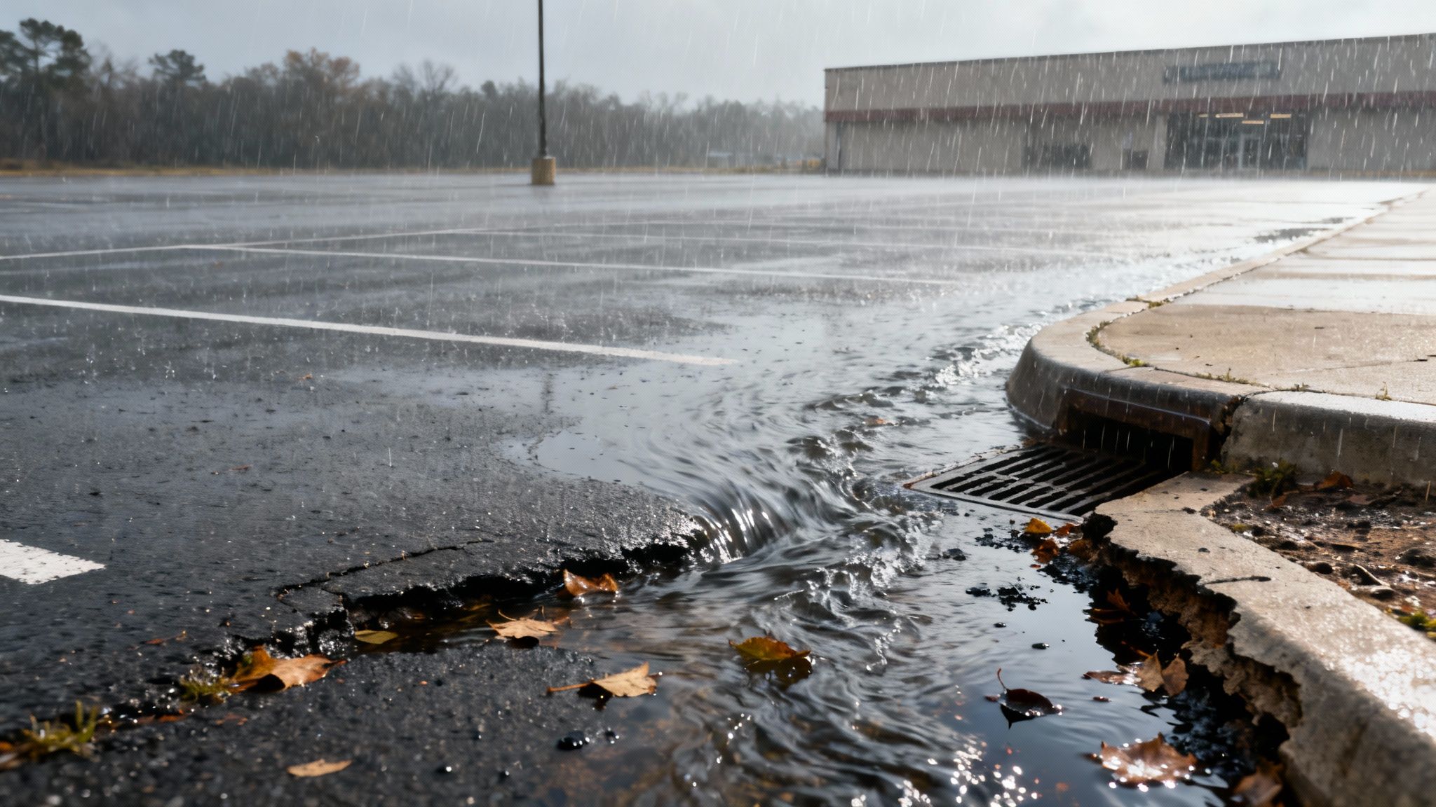 A paved area with a storm drain grate collecting rainwater runoff.