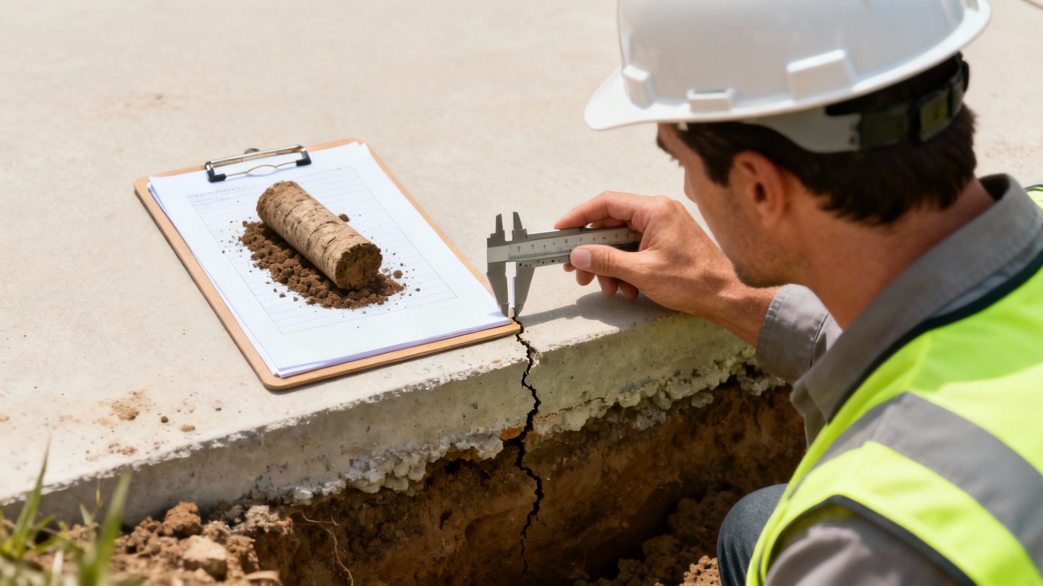 A structural engineer inspects the foundation of a house before a second-story addition.