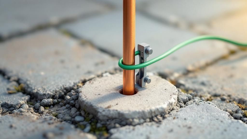 A close-up of a grounding rod connected to a thick copper wire, illustrating the critical connection to the earth for electrical safety.