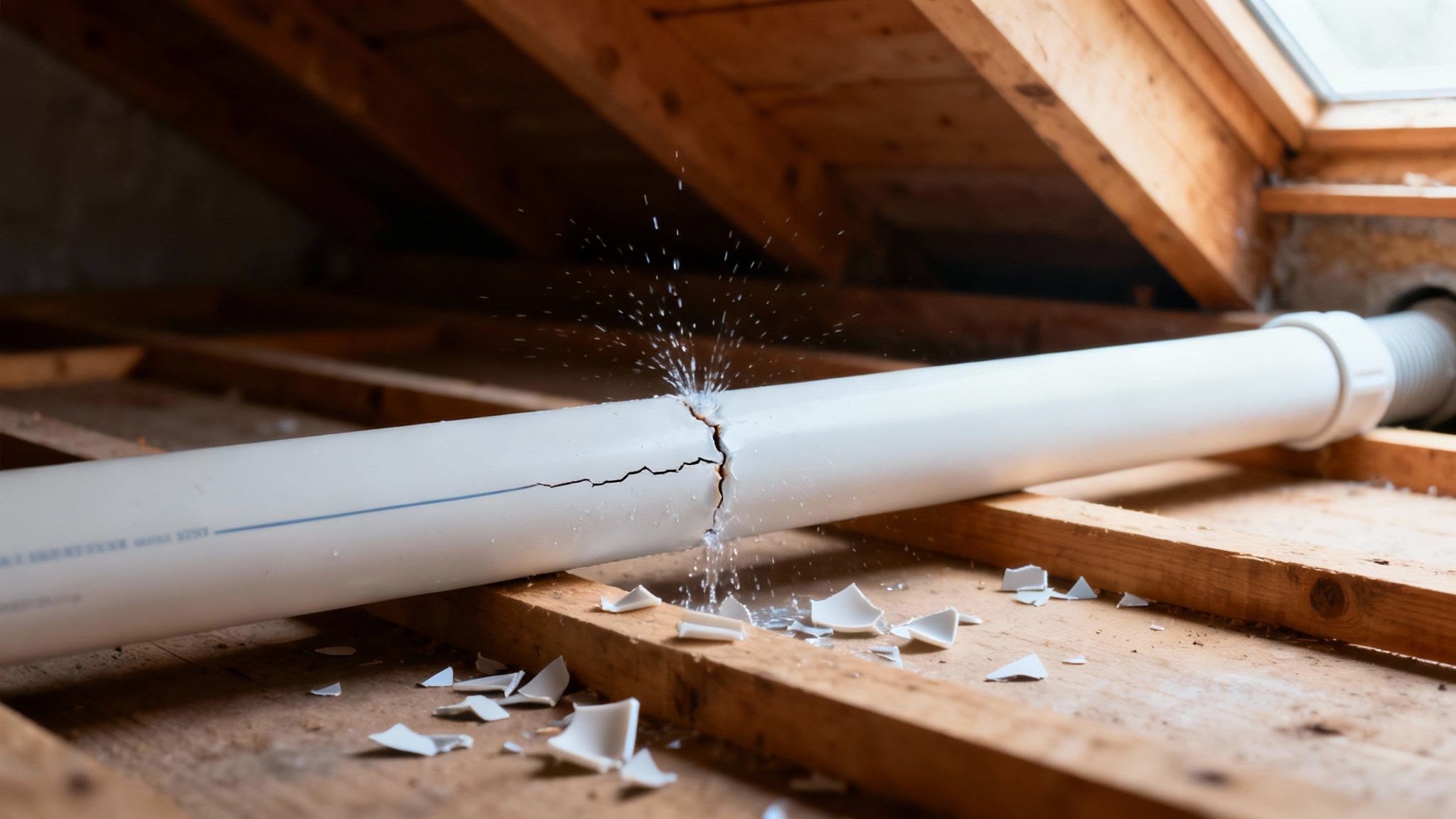 A broken white pipe with water spraying out in an attic, surrounded by wooden beams and debris.