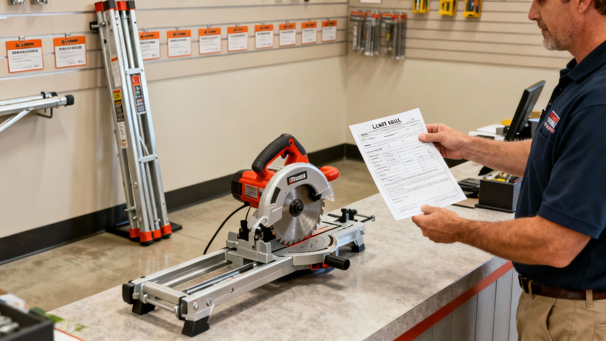 A man in a hardware store holds a document next to a red and silver miter saw on a counter.