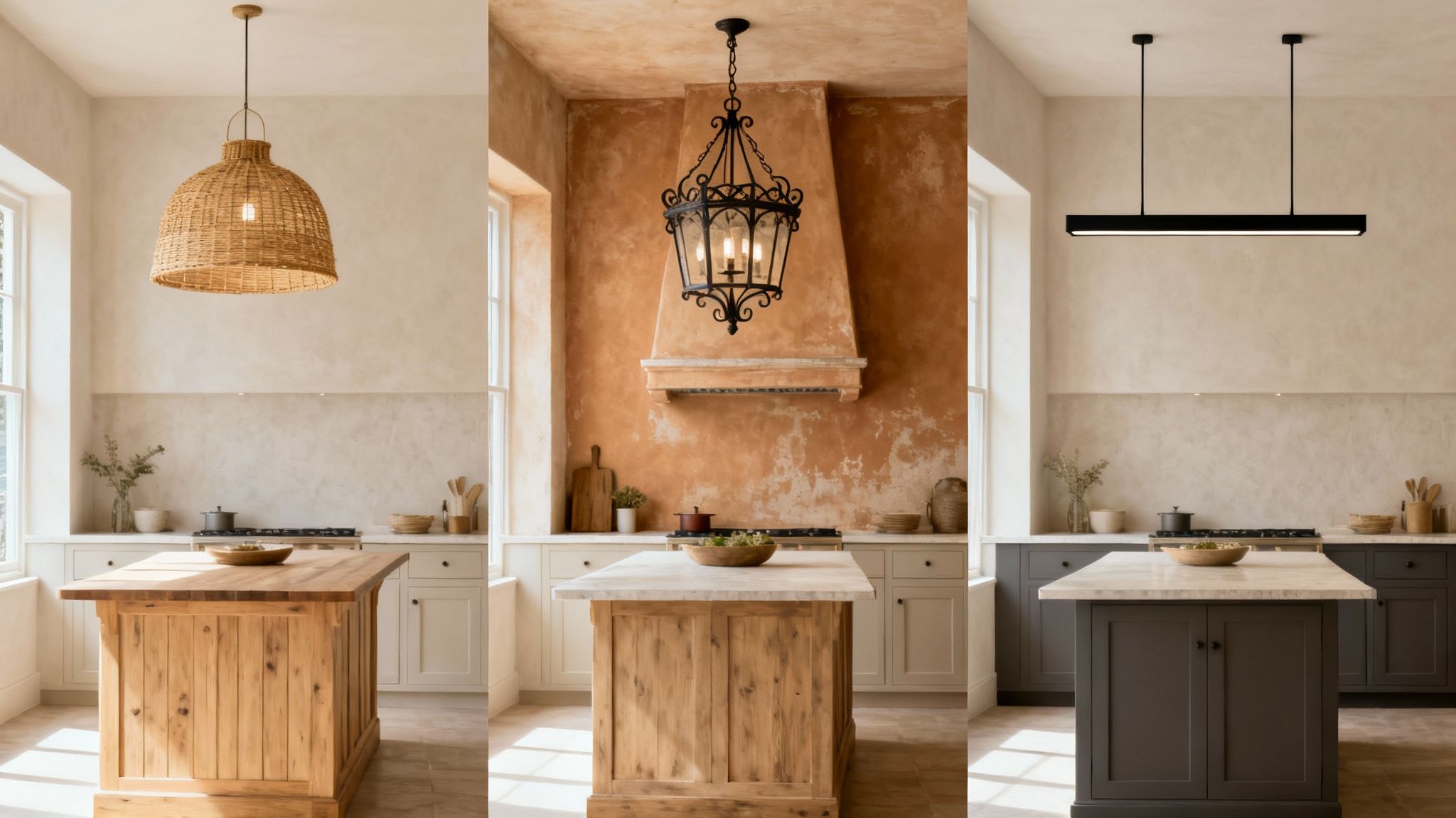 Three distinct kitchen island lighting styles: a natural wicker pendant, an ornate iron chandelier, and a modern linear fixture.