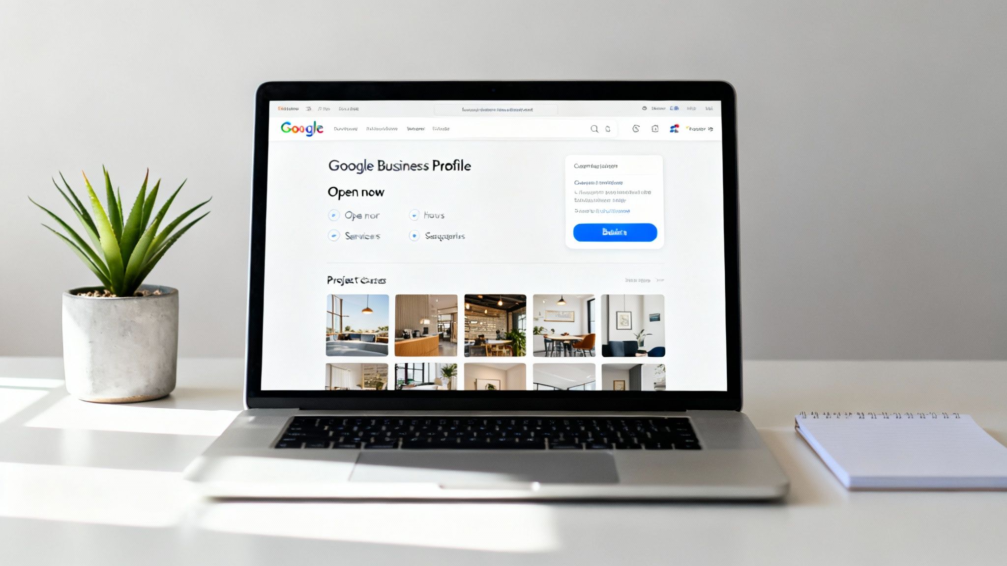 A laptop displaying a Google Business Profile dashboard, with a plant and notebook on a white desk.