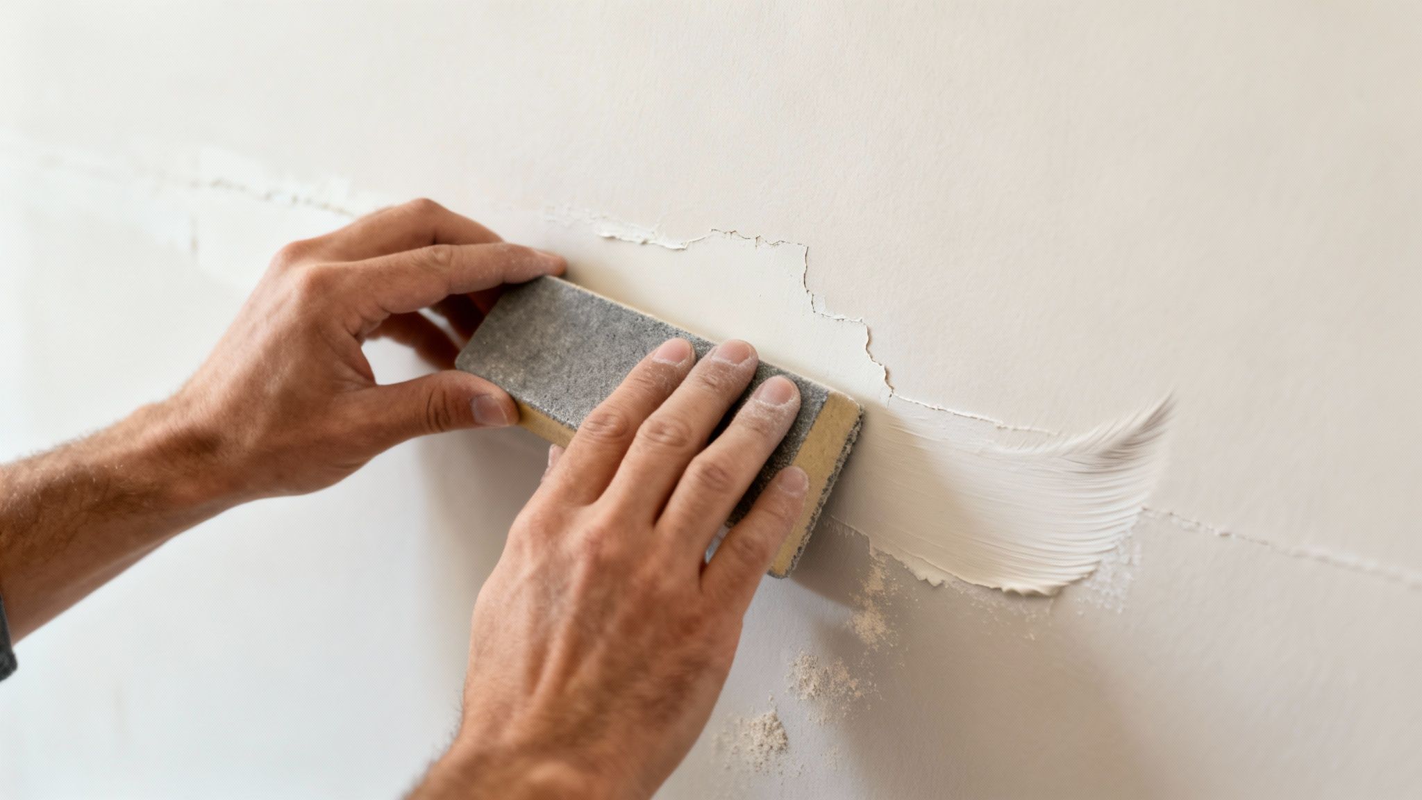 Close-up of hands using a sanding block to smooth a plastered wall during <a href=
