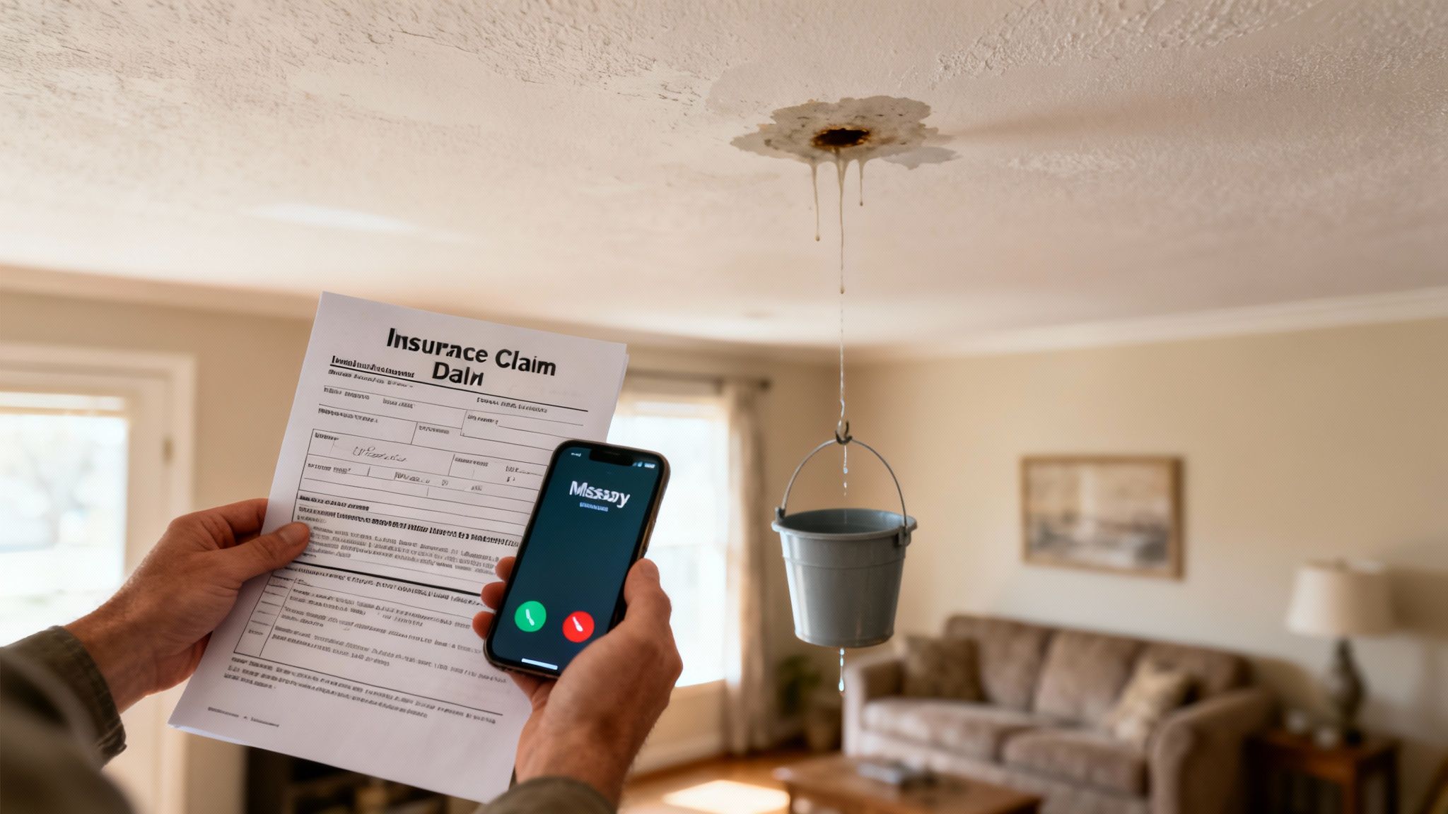 Person holding an insurance claim form and calling about a severe water leak dripping into a bucket from the ceiling.