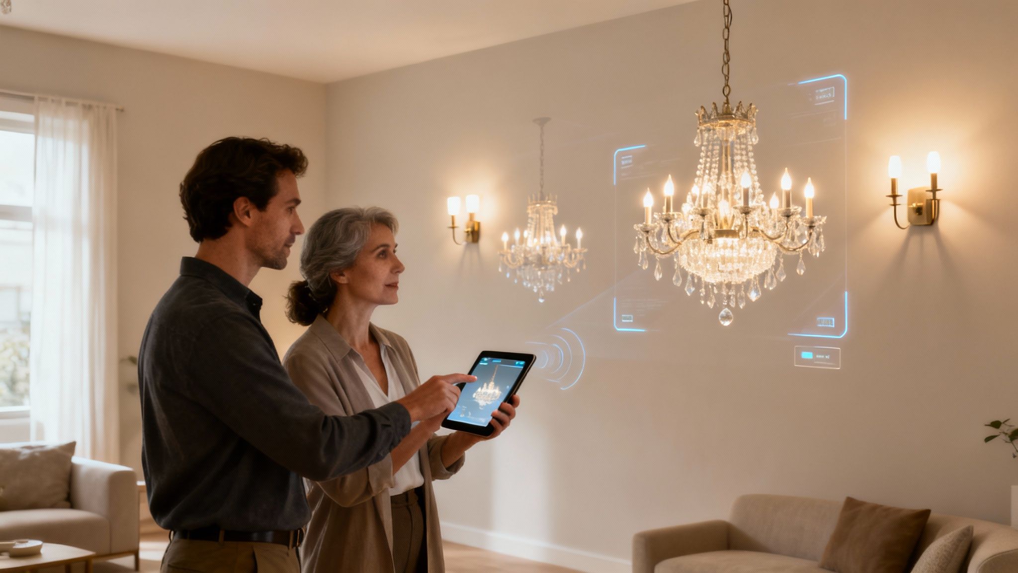 A lighting design expert using a tablet to show a virtual preview to a client in a showroom.