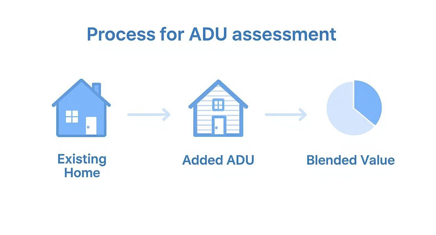 Diagram showing the process for ADU assessment: existing home, added ADU, and blended value.