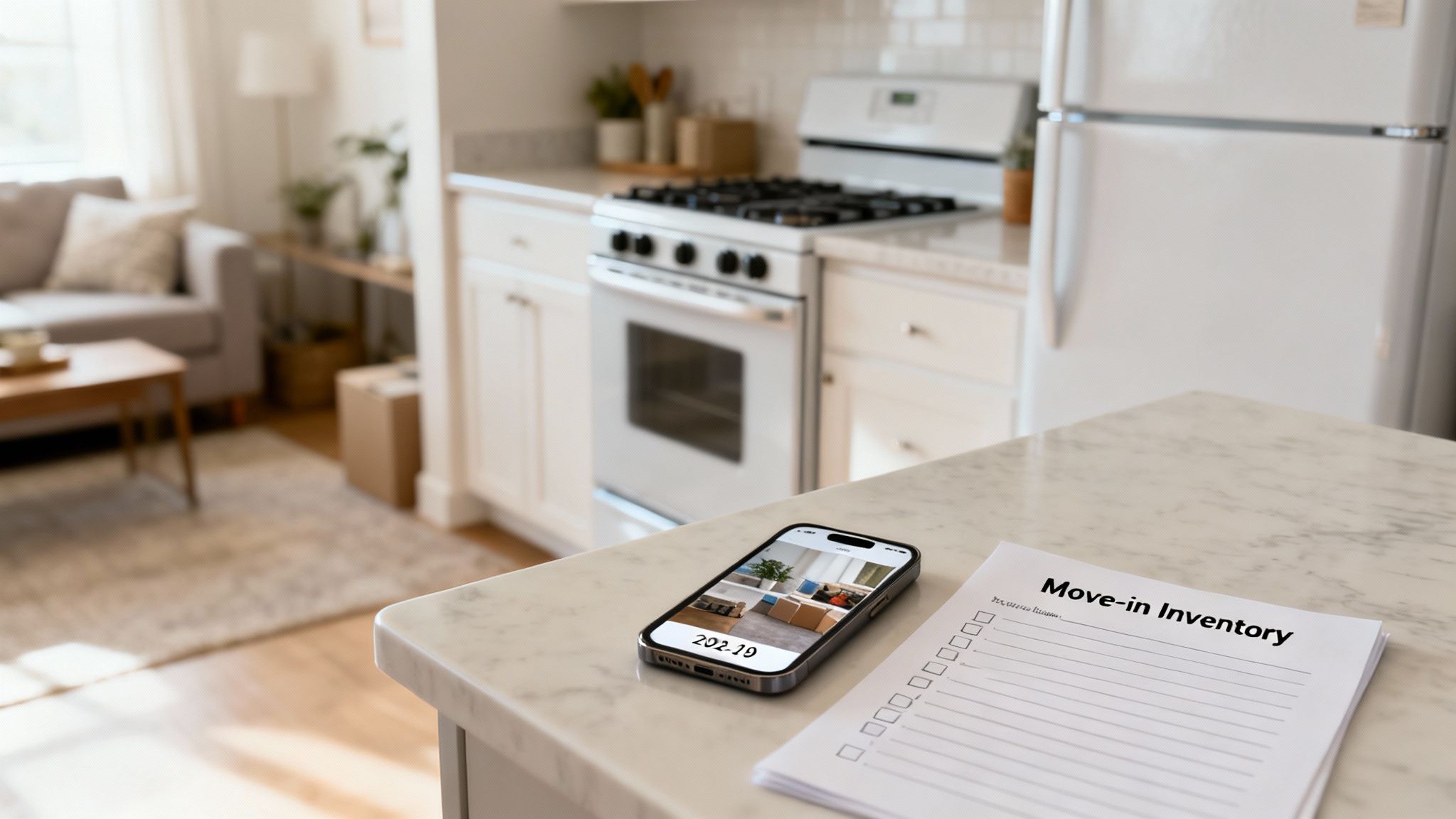 A smartphone and move-in inventory checklist on a kitchen counter, with a blurred home in the background.