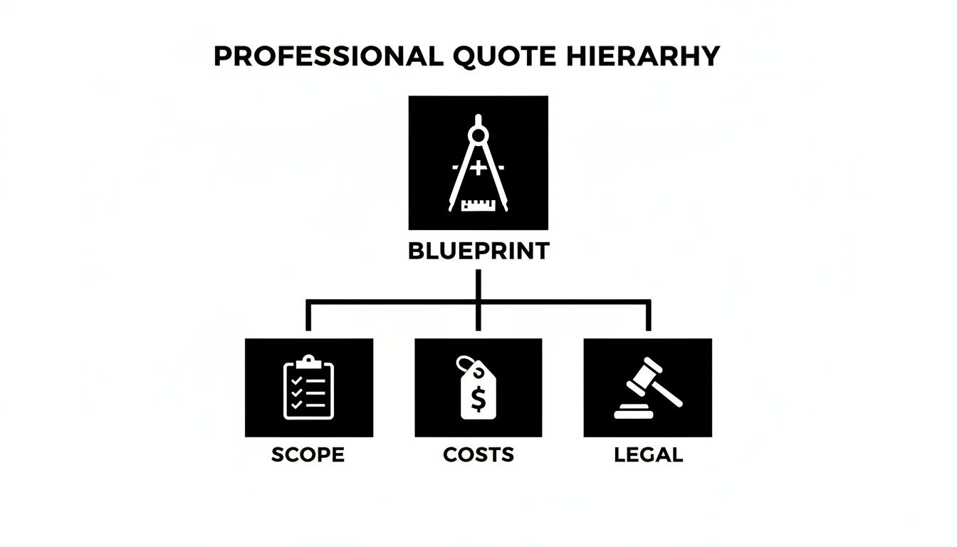 A professional quote hierarchy chart showing Blueprint leading to Scope, Costs, and Legal sections.