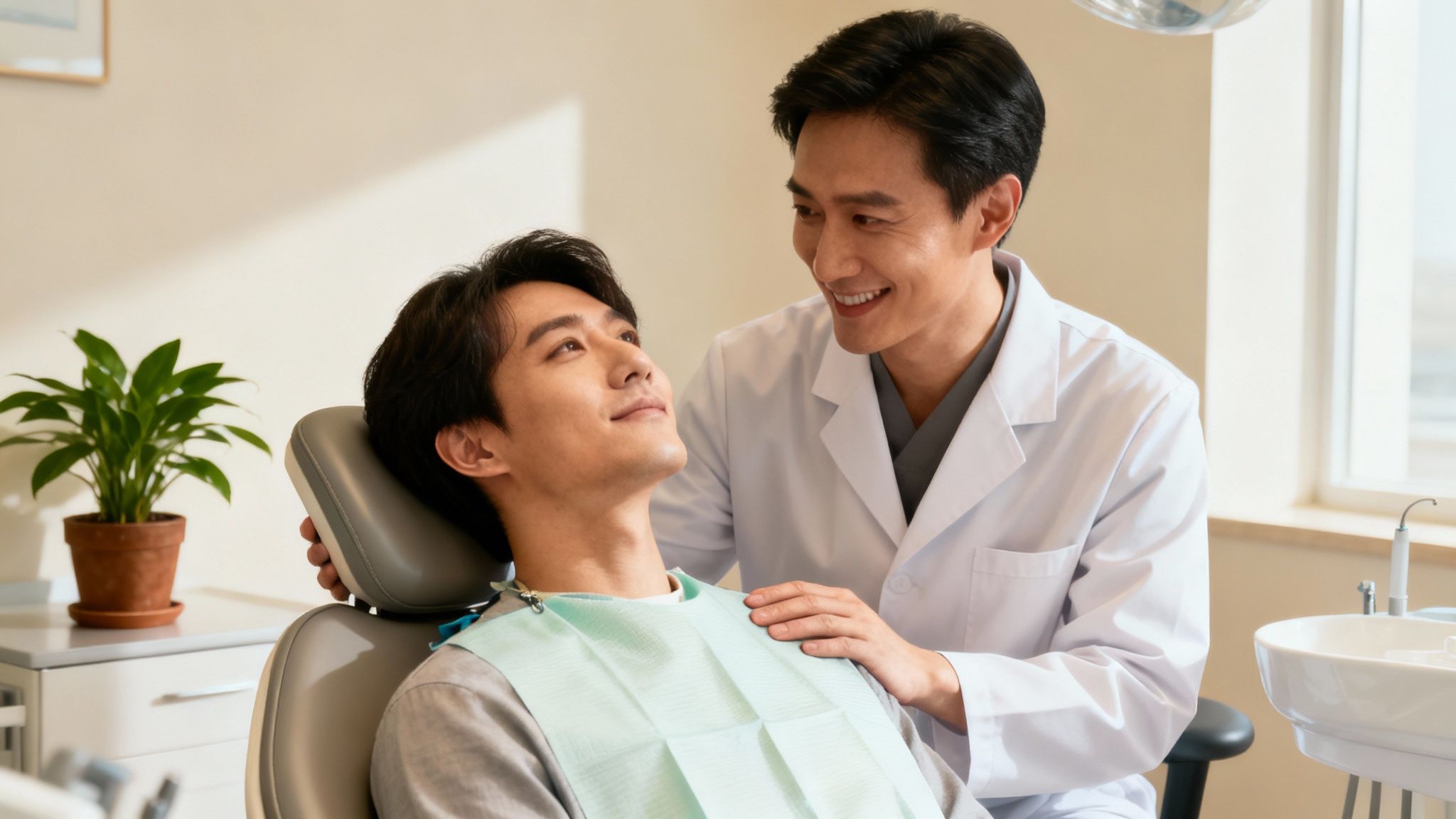 A smiling male dentist reassures a male patient in a dental chair, creating a comfortable atmosphere.