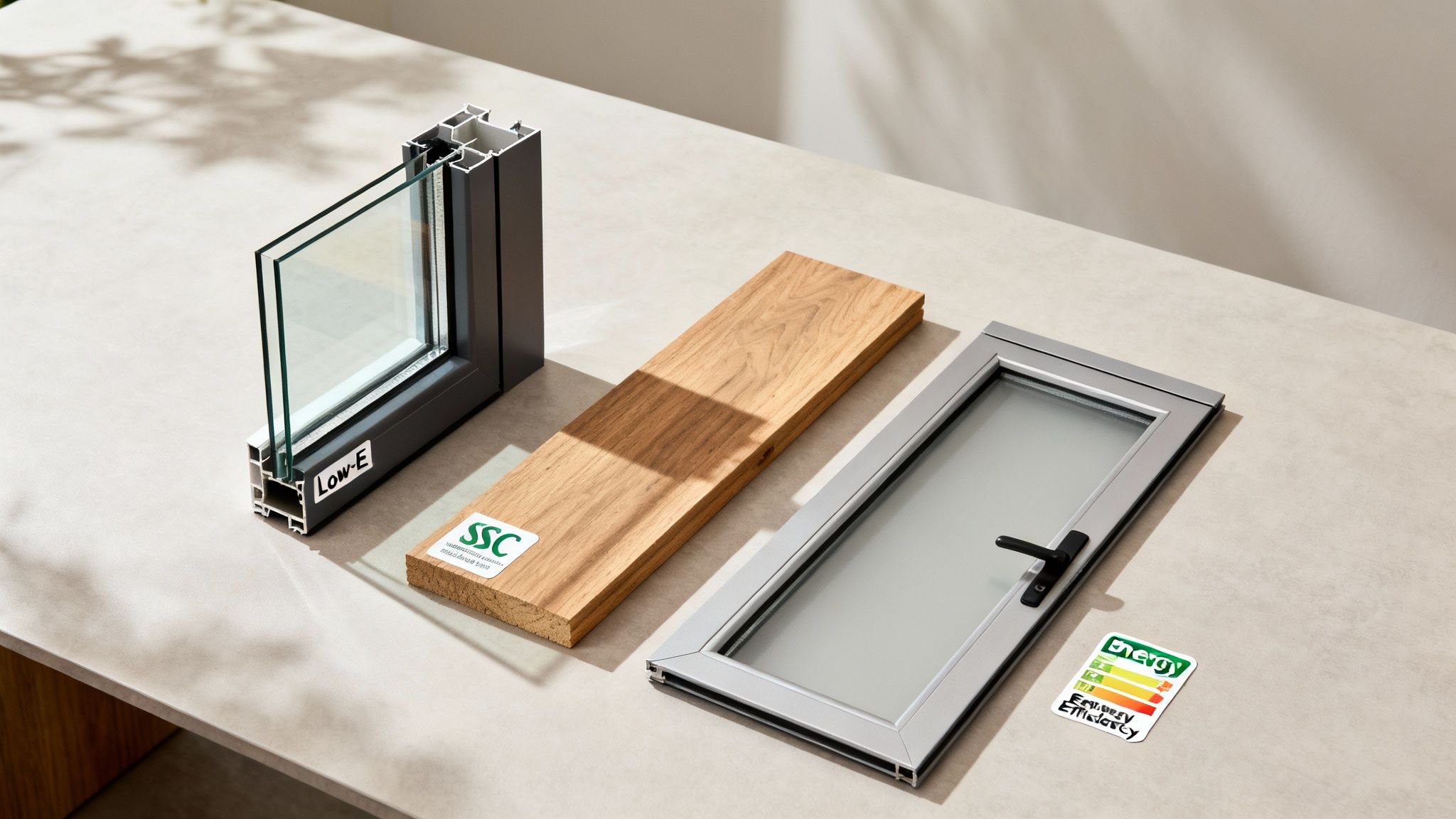 Detailed view of window components: a Low-E double-glazed cross-section, a wooden plank, and an energy-efficient window panel.