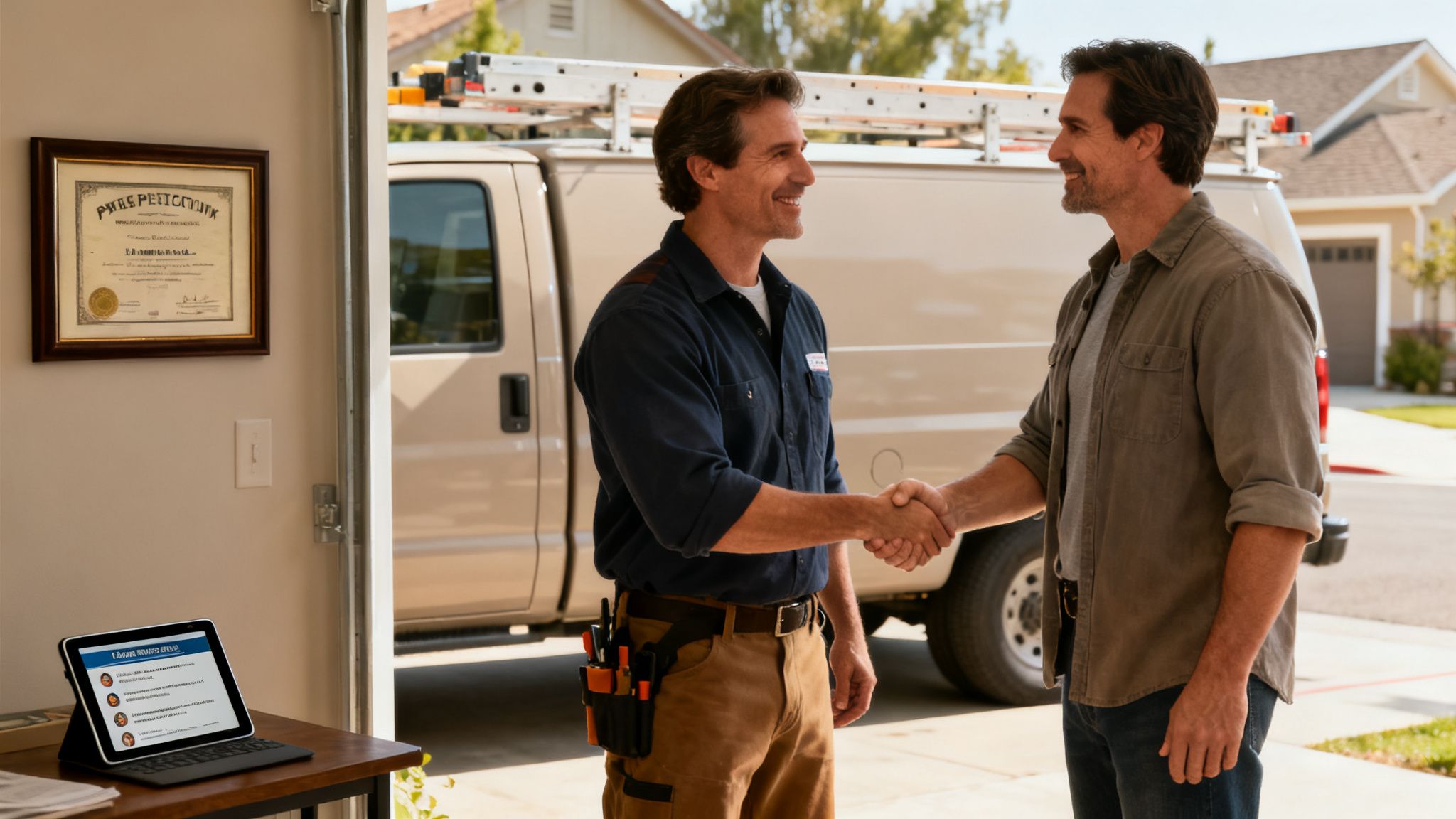 A smiling service technician shakes hands with a homeowner in a garage, a work van and tablet visible.