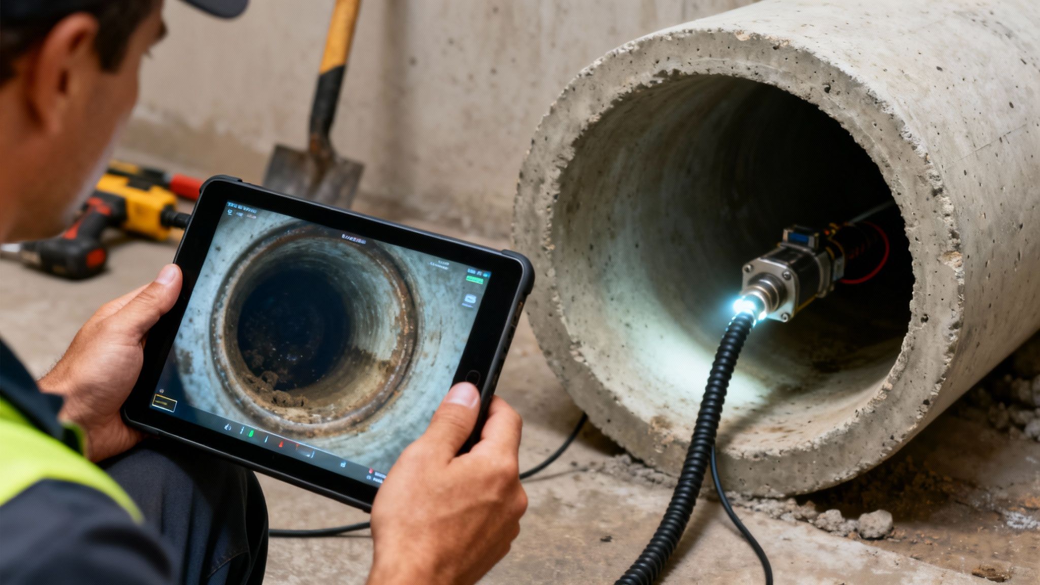 A person uses a tablet to inspect the interior of a large concrete pipe with a video camera.