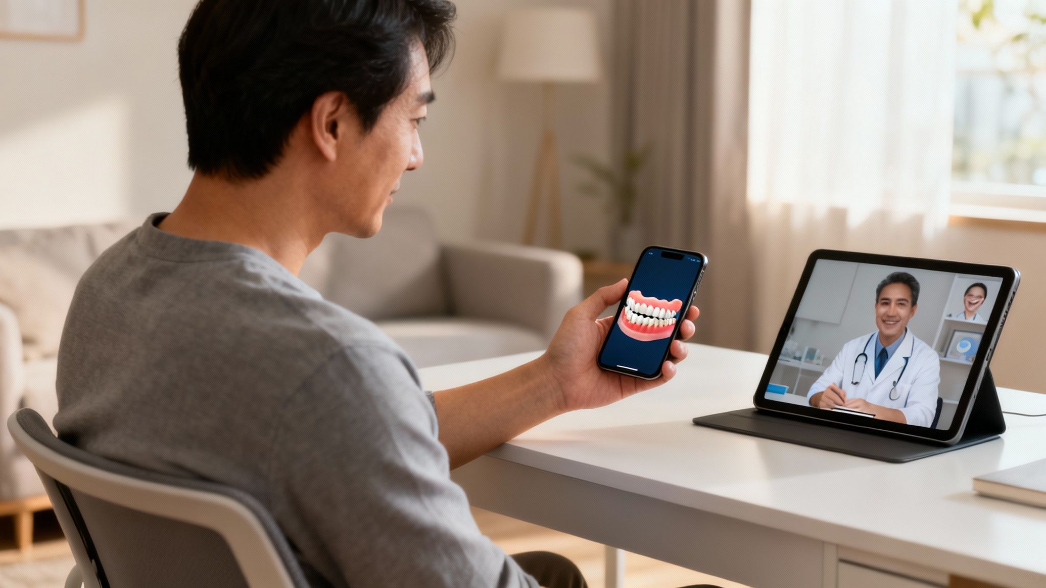 Man having a virtual dental consultation on a tablet, holding a phone displaying teeth.