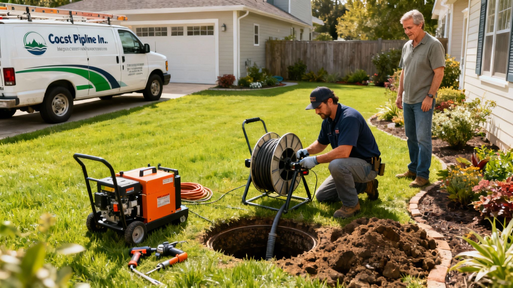 A service technician performs a sewer inspection in a residential yard, watched by a homeowner, with a service van nearby.