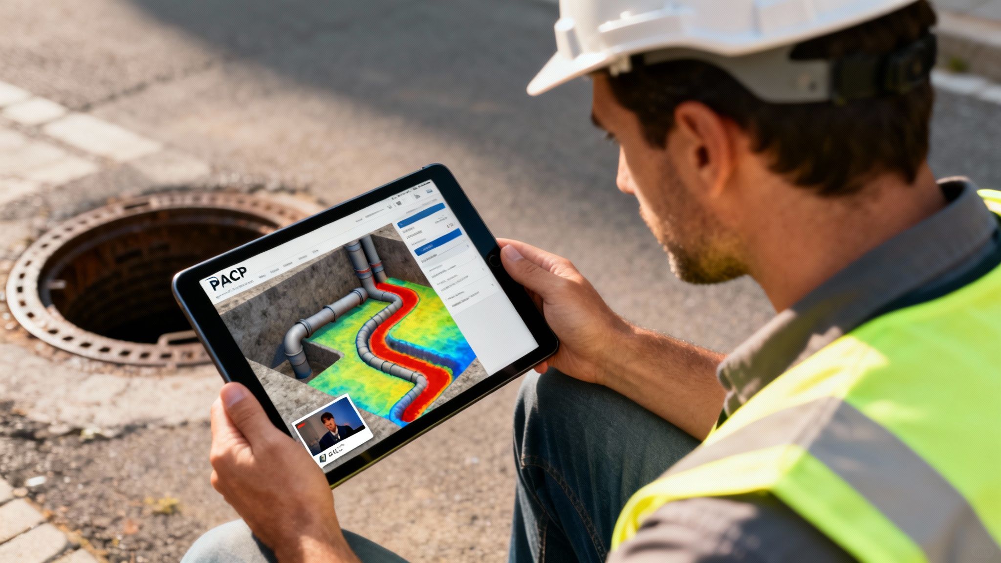 Mapping the Future: 5 Trends Transforming Sewer Line Services in 2026 1 A construction worker in a hard hat and vest uses a tablet to view a digital underground pipe system near an open manhole.