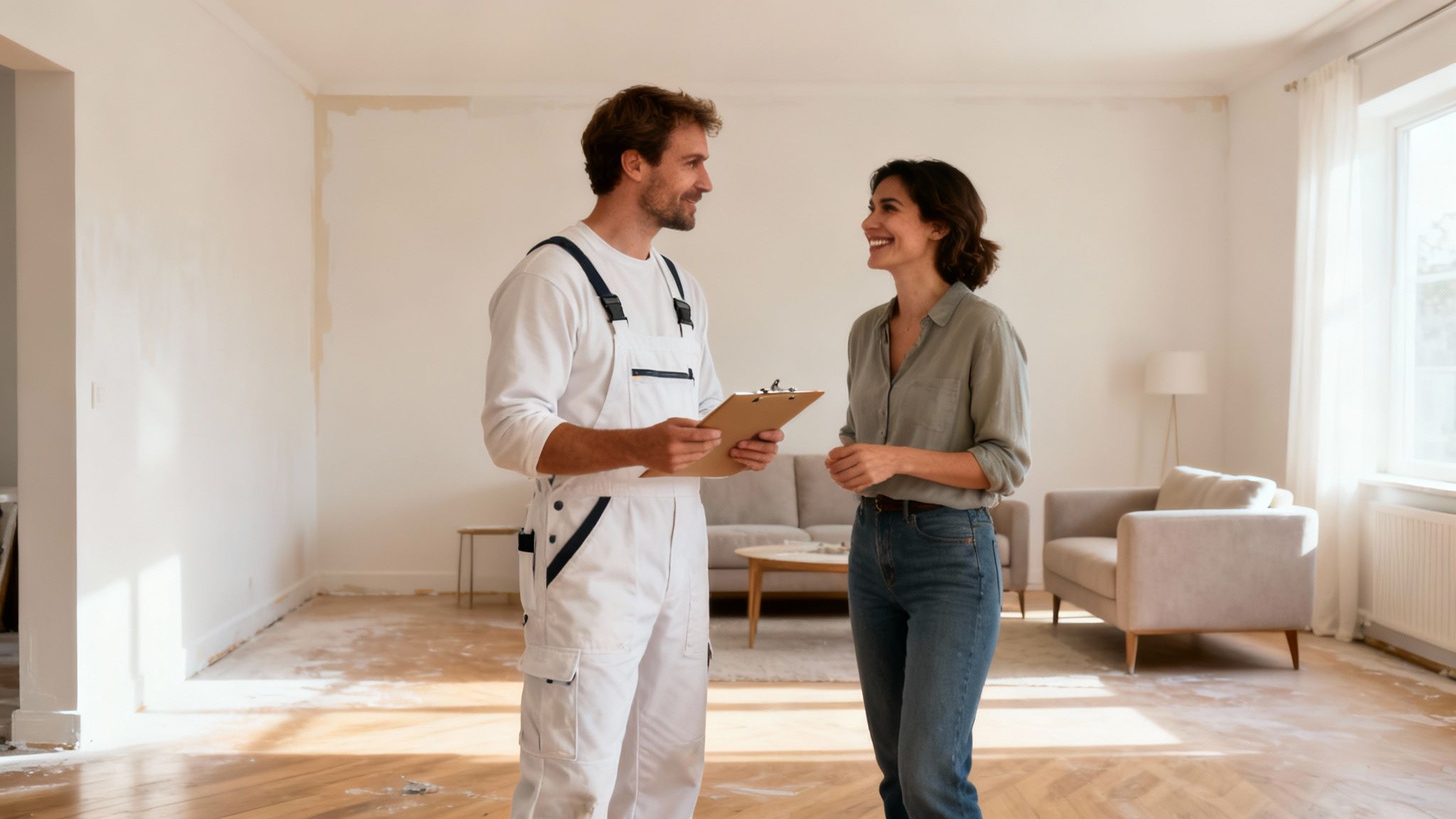 A male painter in white overalls discusses renovation plans with a smiling female client in a freshly painted room.