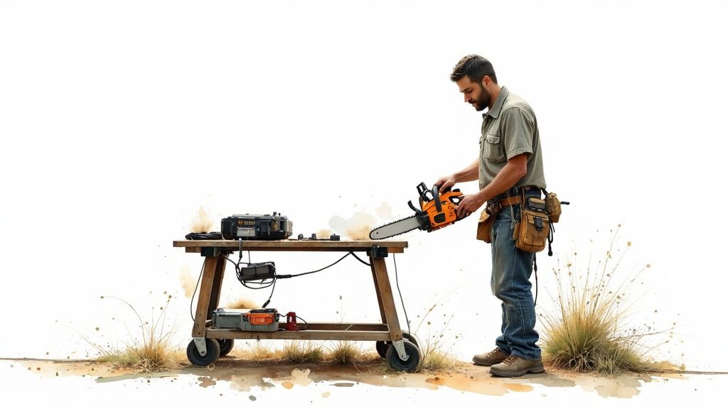 A man in work attire holding an orange chainsaw, standing by a portable tool bench outdoors.