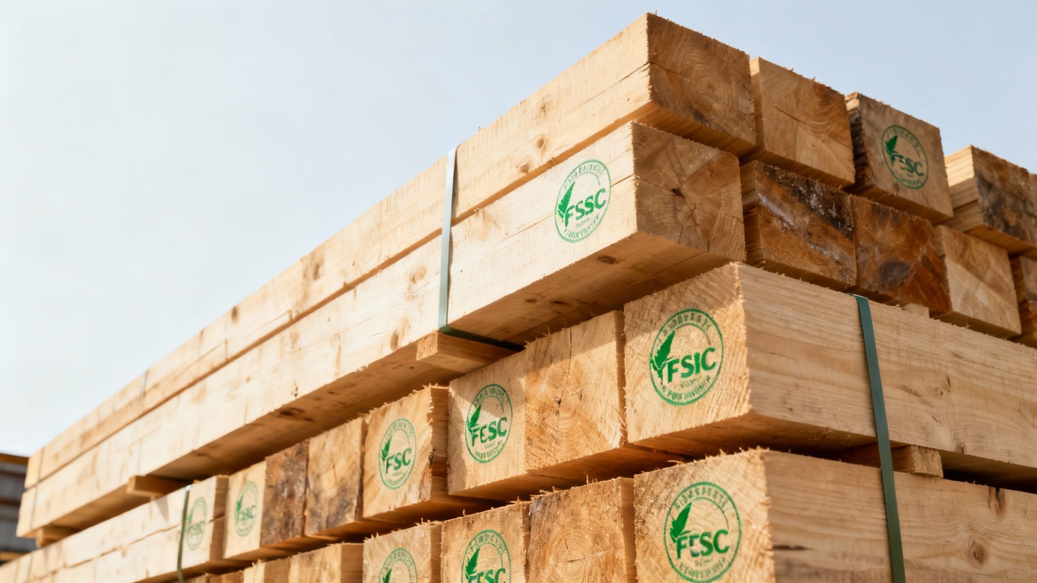 Stack of certified, sustainably sourced lumber at a well-organized lumberyard.