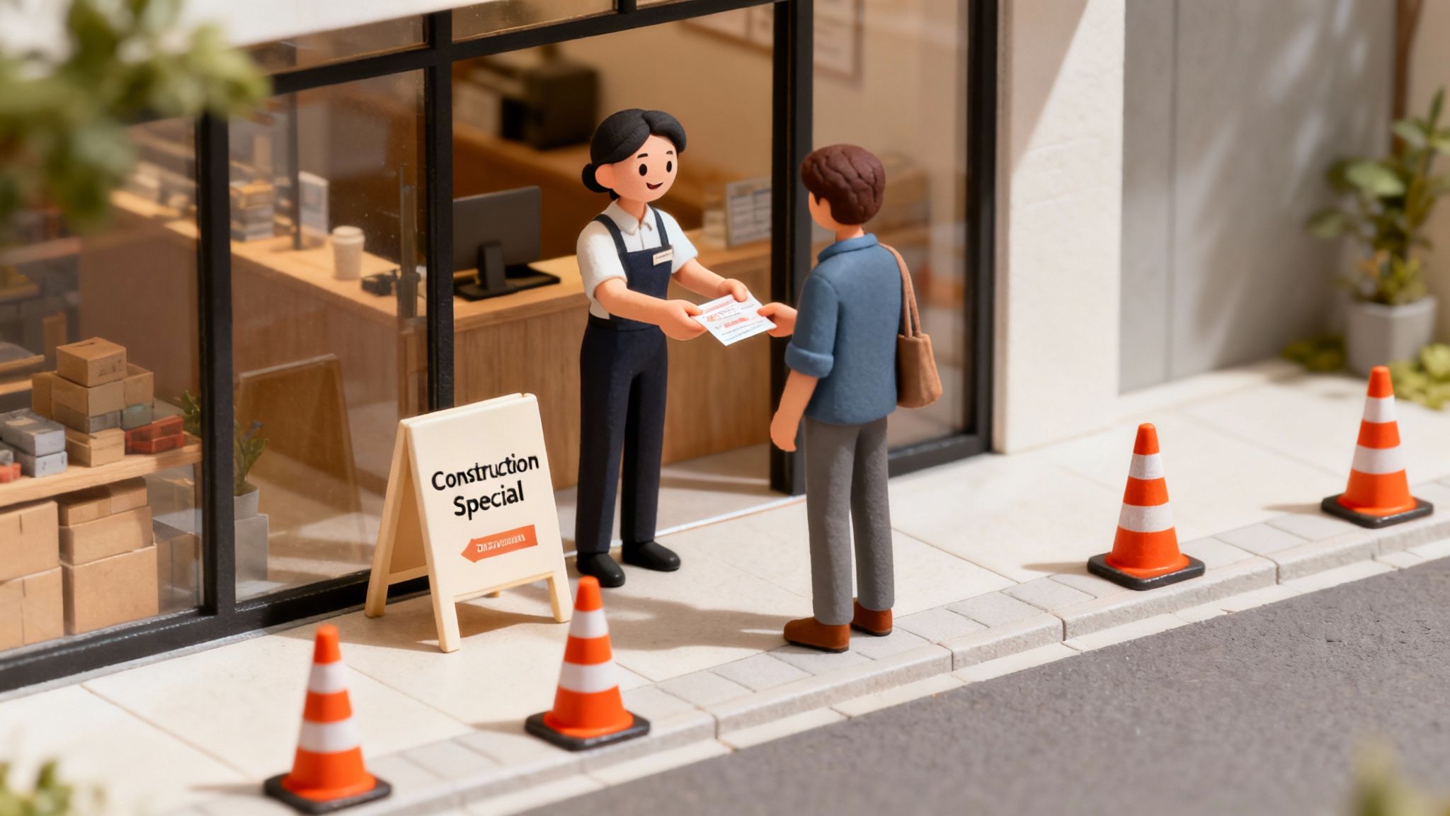 A diorama shows a shop worker giving a 'Construction Special' flyer to a customer outside, with traffic cones.