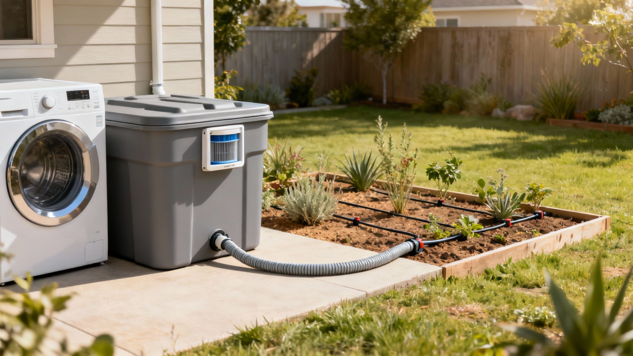 An outdoor greywater recycling system collects water from a washing machine for garden irrigation.