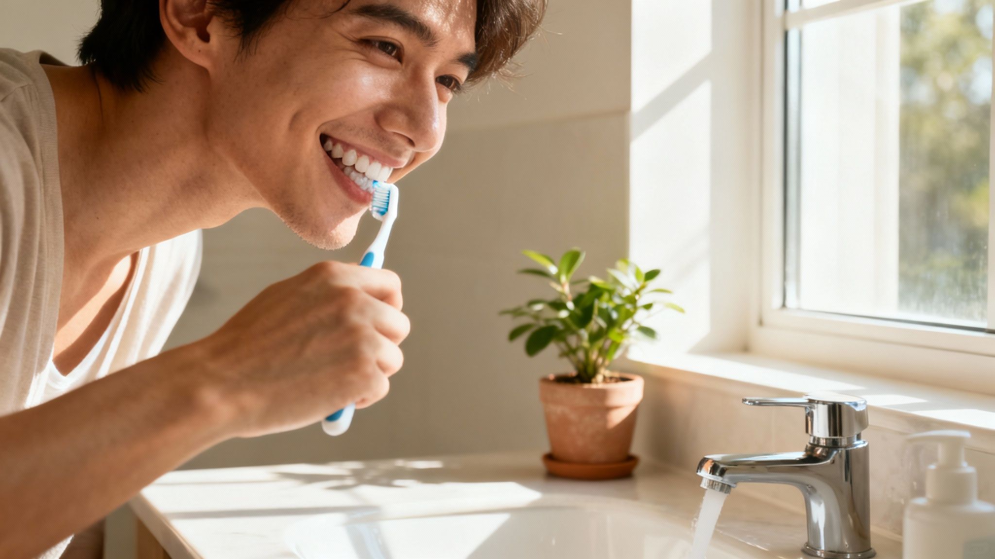 Smiling young man in a sunny bathroom brushing his teeth for dental care.