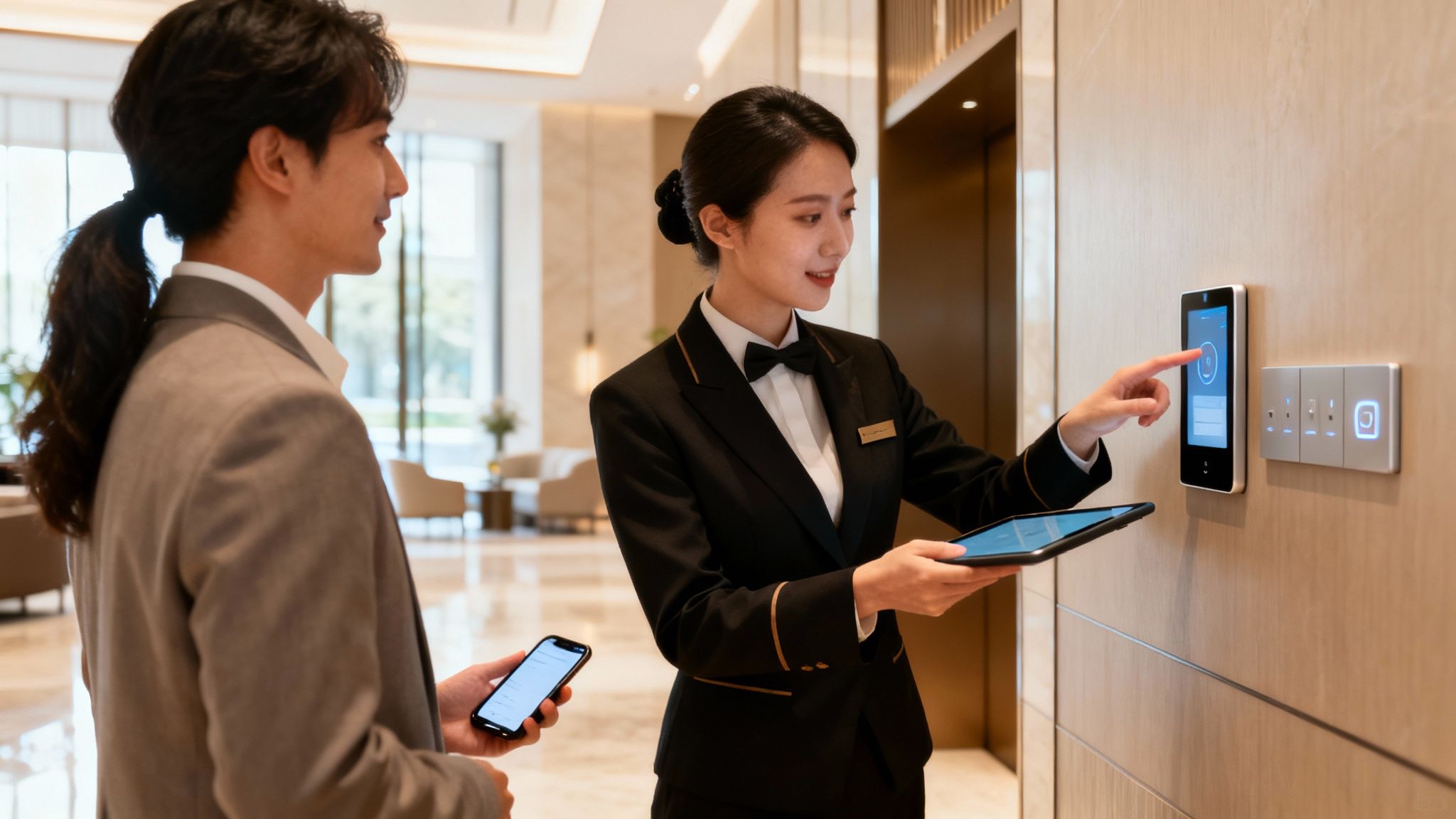 A hotel concierge assists a male guest with a smart elevator panel, demonstrating modern hospitality technology.