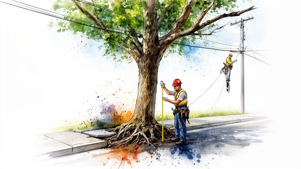Two utility workers maintaining a street tree and power lines in a watercolor style.