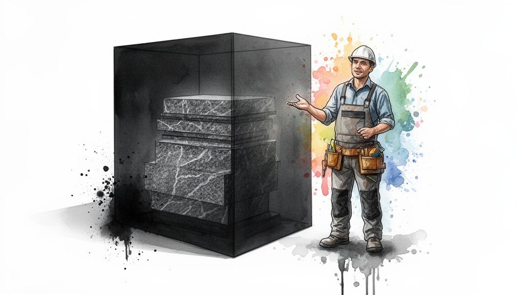 Watercolor illustration shows a contractor presenting stacked granite slabs in a transparent box.