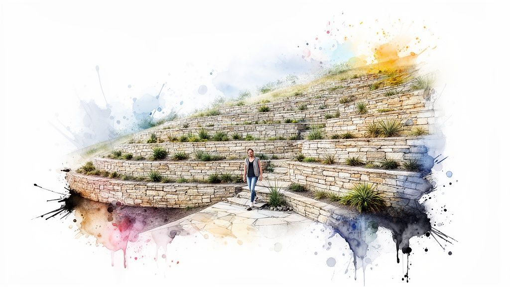 A person walks on a stone path next to tiered stone retaining walls with green plants, featuring a watercolor art style.