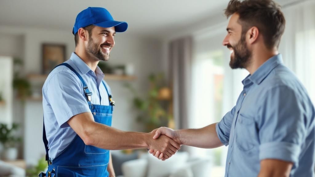 An experienced plumber with a friendly smile, standing in front of a clean service van.