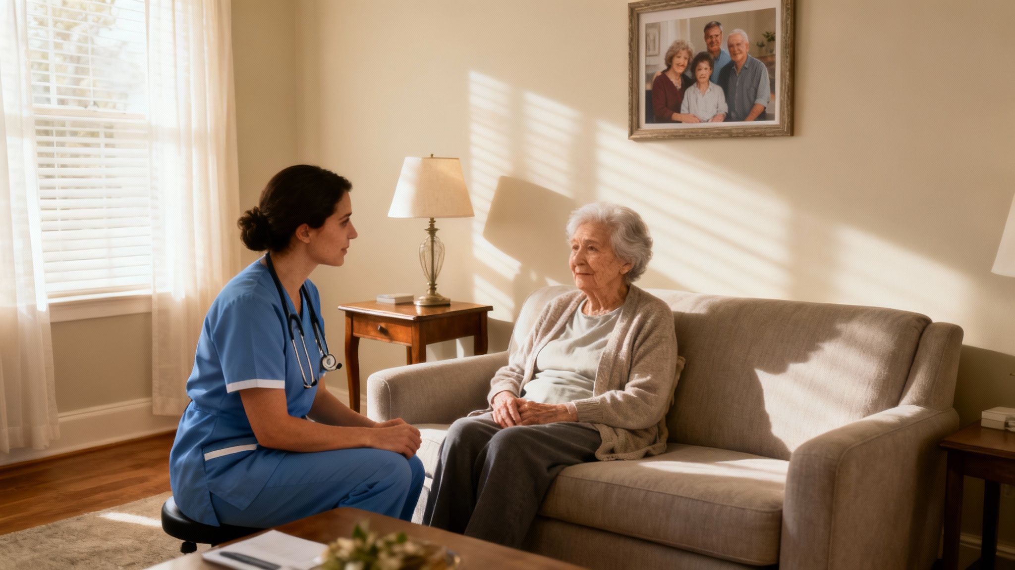 A friendly healthcare professional smiling warmly in a patient's home, illustrating the in-home nature of hospice care.