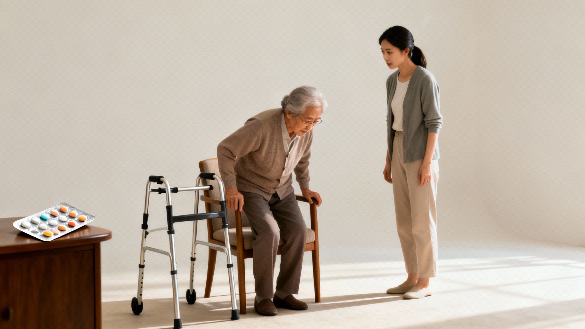 A younger woman assists an elderly woman standing from a chair, with a walker and pills.